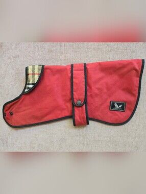 Burberry Red, Tan, Black Dog Rain Jacket with Signature Check Trim